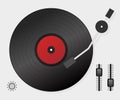 DJ playing vinyl. Top view. DJ Interface workspace mixer console turntables. Vector illustration. Royalty Free Stock Photo